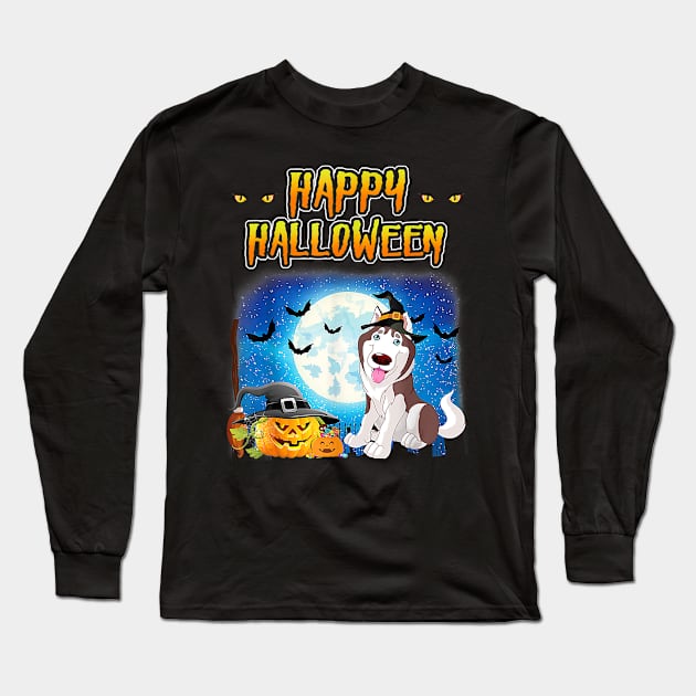 Happy Halloween Pumpkin Husky Dog Witch Cute Hat Long Sleeve T-Shirt by JaydeMargulies